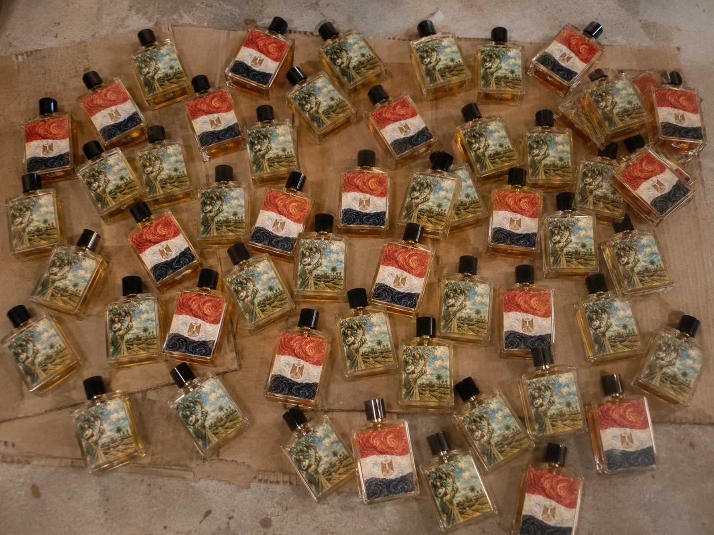 Printed flat perfume bottles laid out after production