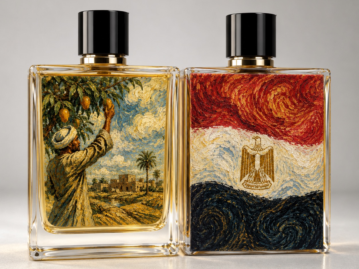 A perfume bottle printed with full colour artwork wrapping the body