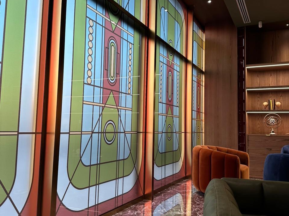 Printed architectural glass panel produced by Sun Studio Dubai