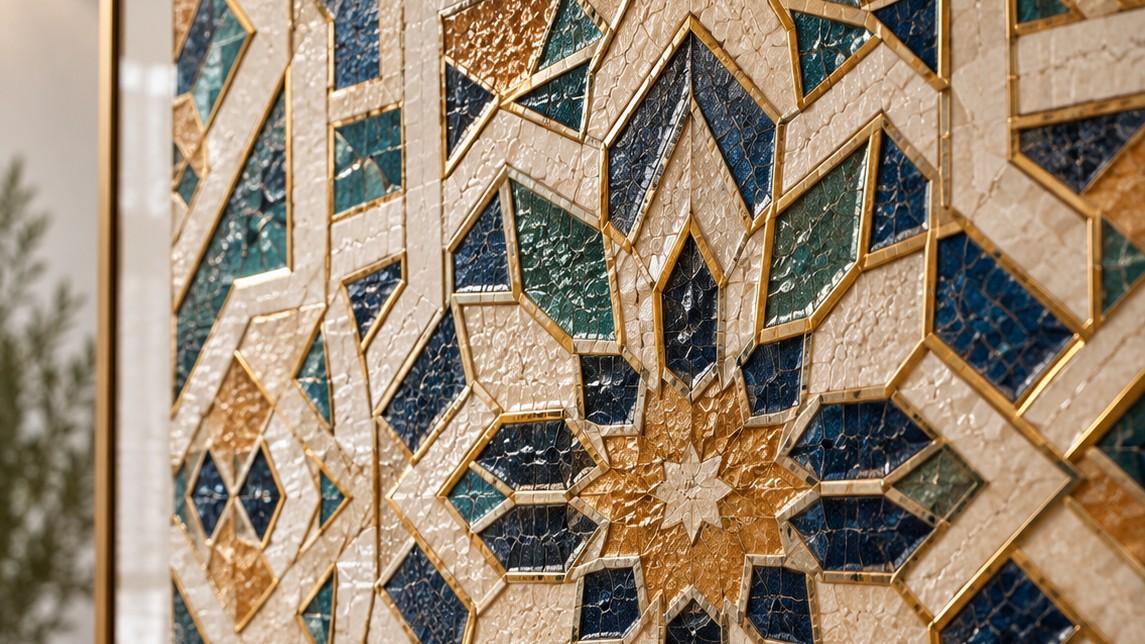 Close view of a printed Islamic geometric panel at an angle, showing raised bands and printed grout lines between the shapes