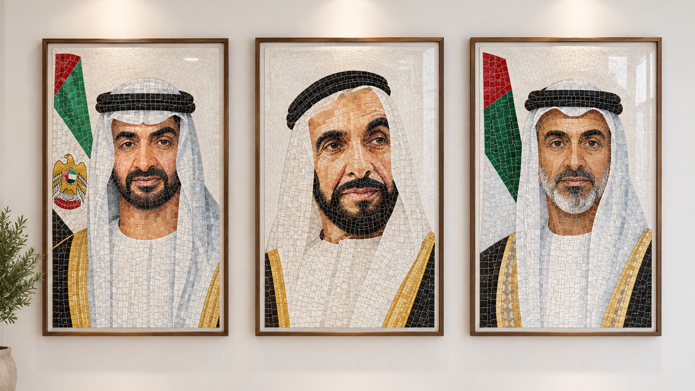 Three framed mosaic-effect portrait panels of UAE leaders, printed rather than assembled from individual tiles