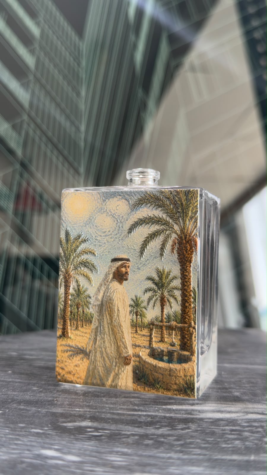 A clear glass perfume bottle printed direct with a painted scene of an Emirati man beside a well in a date palm grove