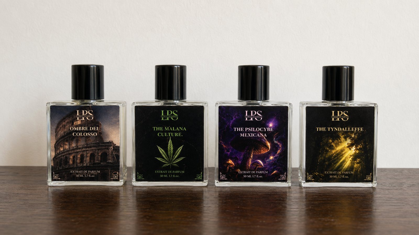 Four 50 ml mini perfume bottles printed directly onto the glass for a corporate gifting run in Dubai