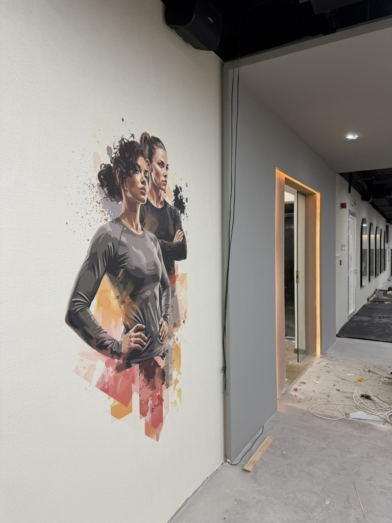 Printed athlete artwork on the gym corridor wall