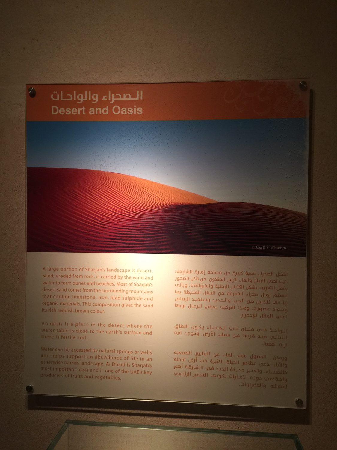 A bilingual Arabic and English interpretive panel printed on clear acrylic and mounted on standoffs