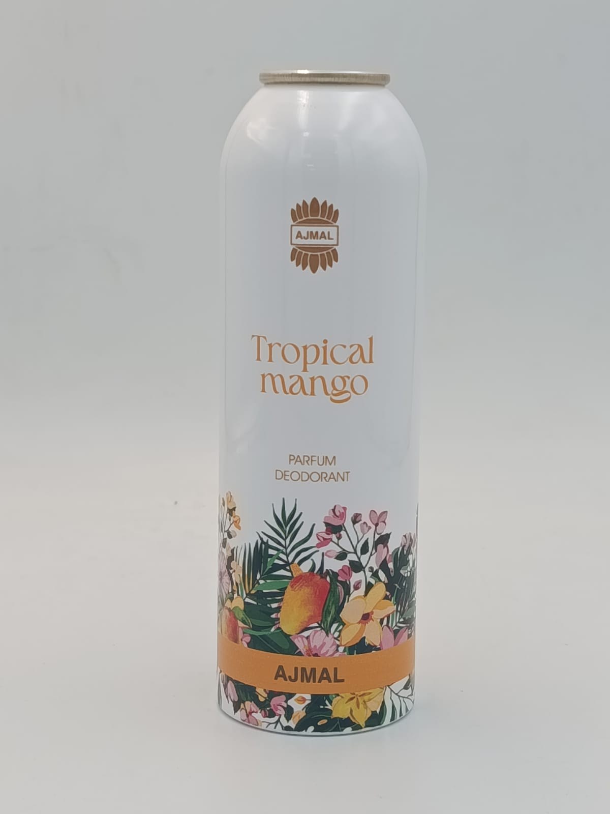 An Ajmal Tropical Mango parfum deodorant can printed direct, floral band wrapped round the aluminium