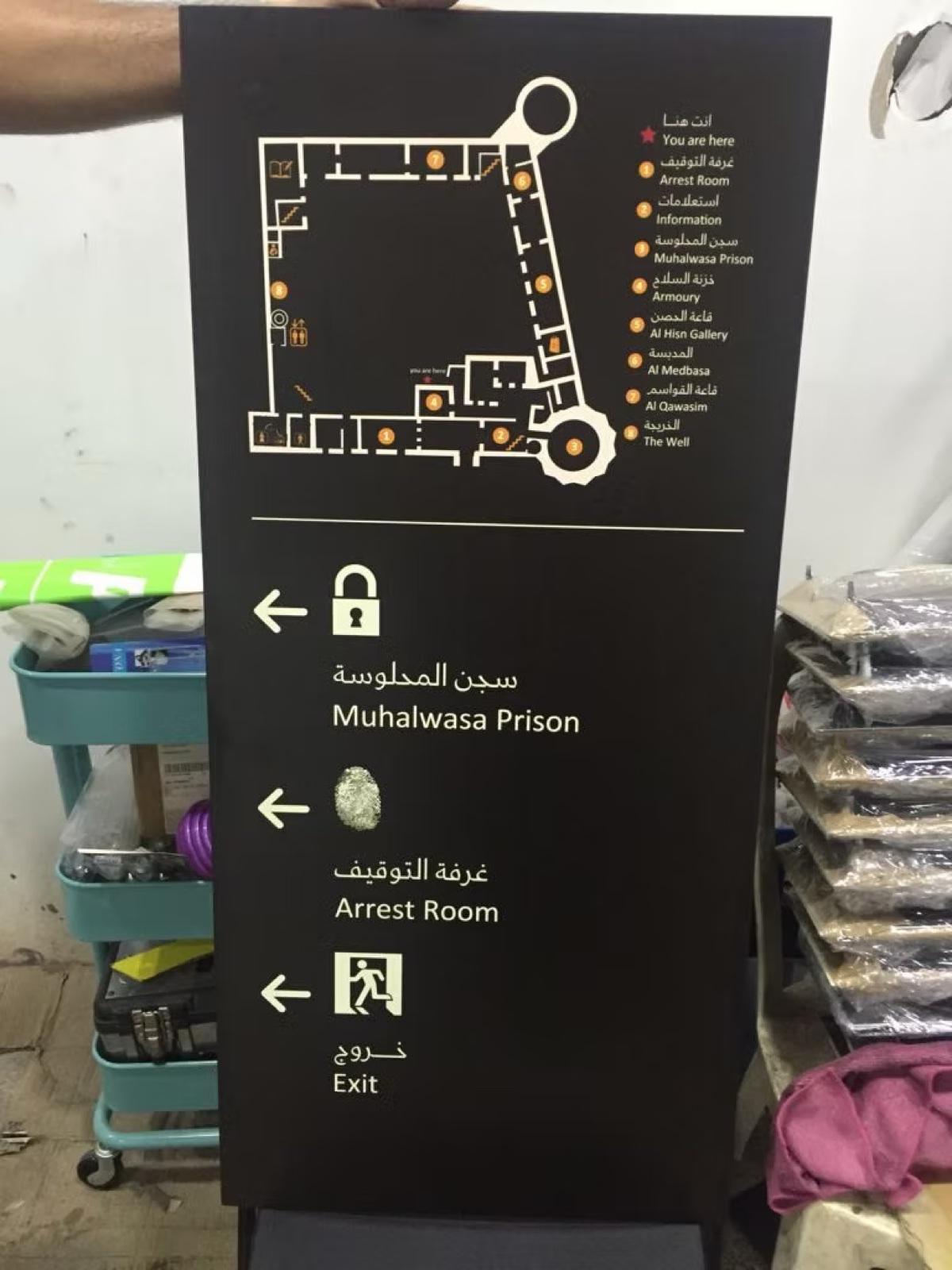 Bilingual Arabic and English wayfinding panel printed on aluminium at Sharjah Al Hisn Museum