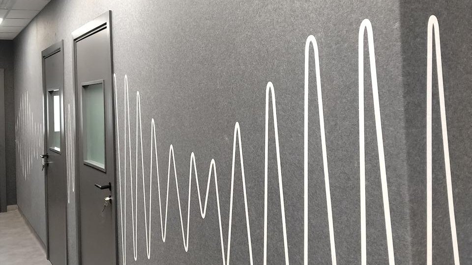 Grey felt acoustic wall panels in a corridor, printed with a continuous white sound wave line