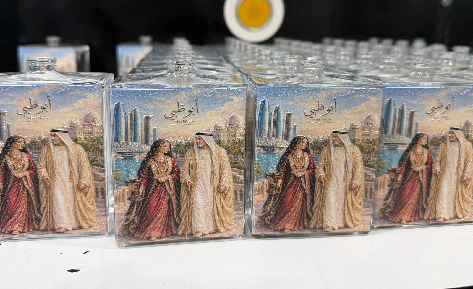 صف من زجاجات العطور الزجاجية المسطّحة الشفافة مطبوعة بالألوان الكاملة بلوحة لثنائي إماراتي بالزي التقليدي، وخلفهما أفق أبوظبي وقصر الوطن، وكتابة بالعربية والإنجليزية في الأعلى