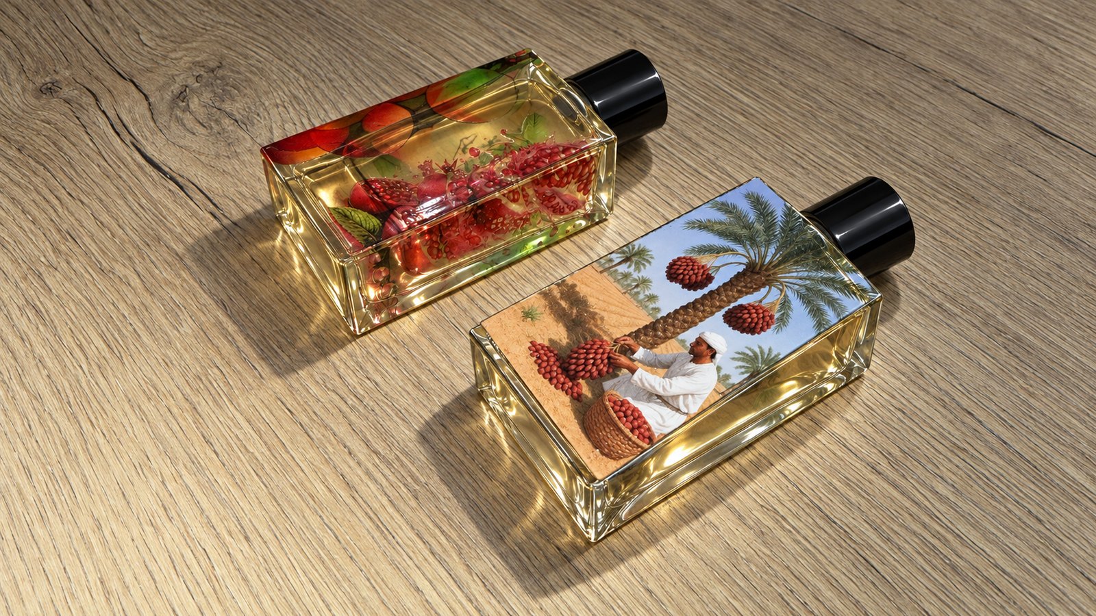 زجاجتا عطر مسطحتان من الزجاج على سطح خشبي، إحداهما مطبوعة بتصميم رمان وفواكه والأخرى بمشهد جني الرطب من النخيل