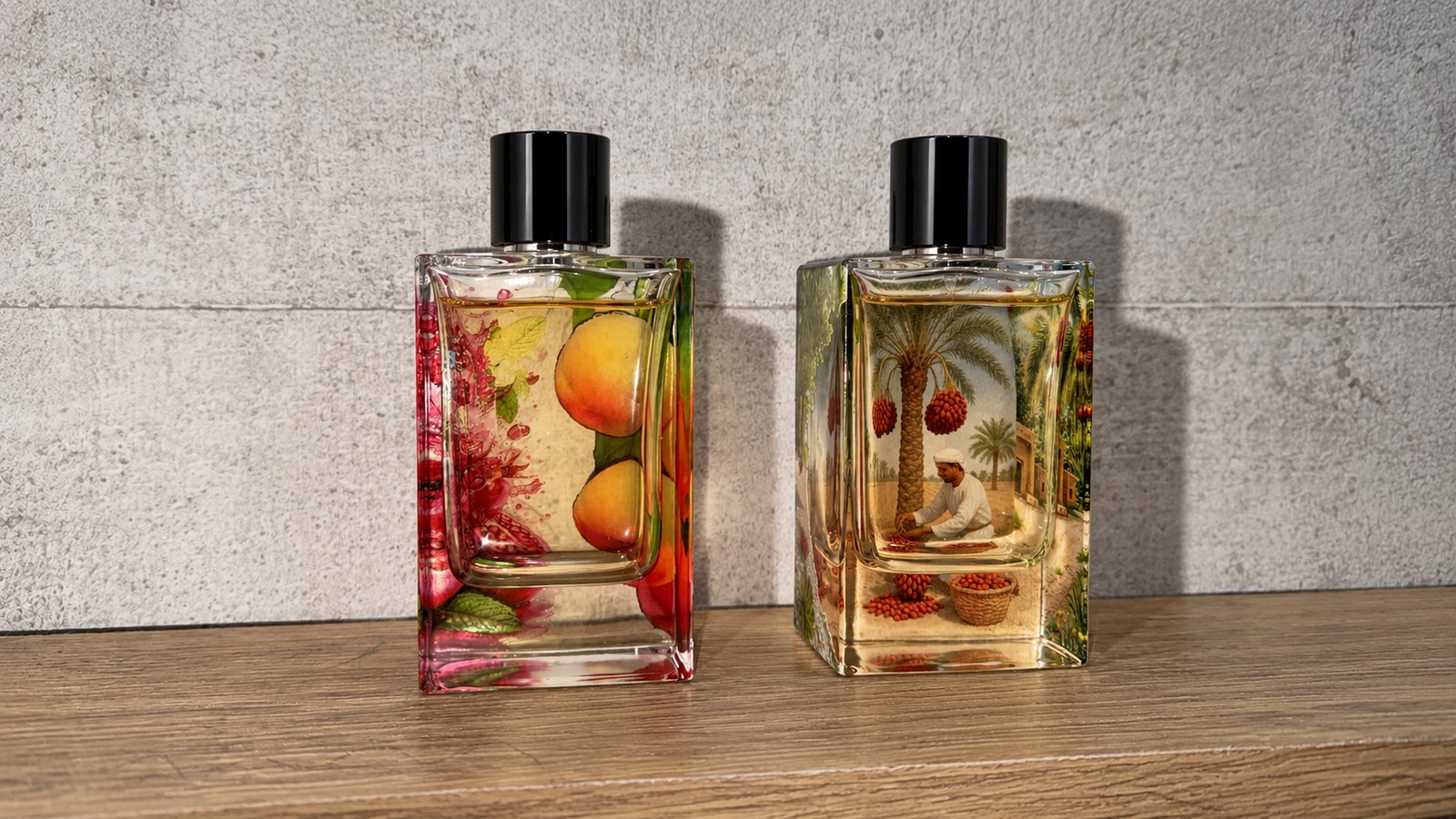 Two flat glass perfume bottles printed direct across the front face, one with a fruit and pomegranate design, one with a date palm harvest scene