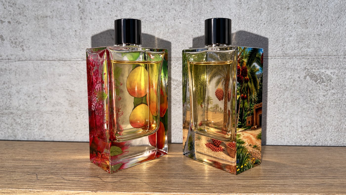 زجاجتا عطر مسطحتان مُدارتان لإظهار امتداد التصميم على وجهيهما الجانبيين المستويين