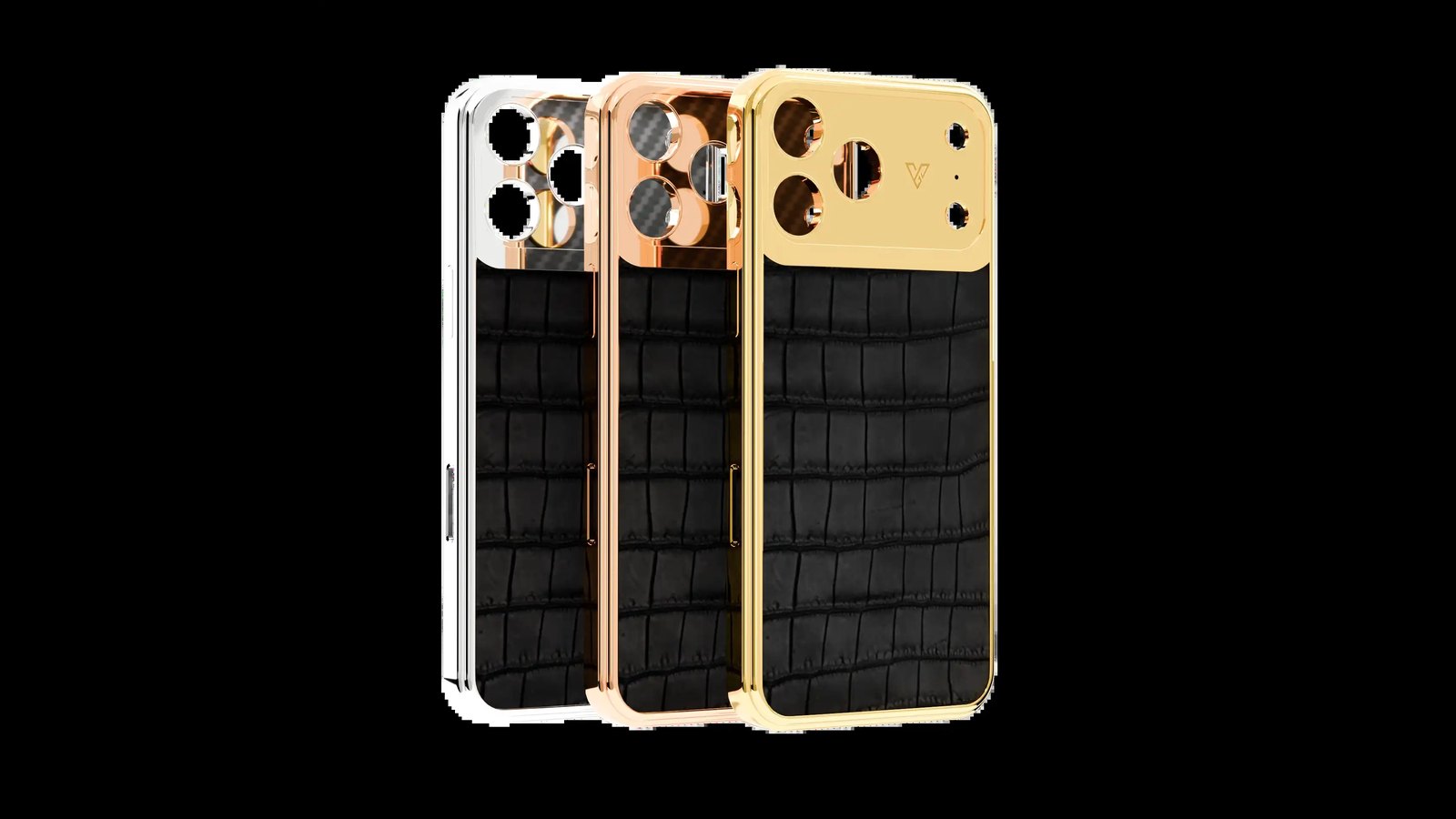 Three phone cases standing in a row on a black background, each with a black leather back with a crocodile grain, framed in platinum, rose gold and gold finishes