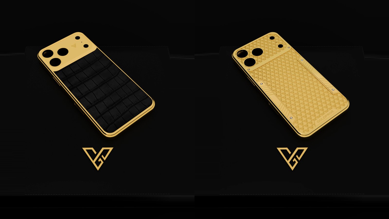 Two phone cases on a black background: on the left, black leather with a crocodile grain framed in a gold finish; on the right, a gold finish with a diamond texture; the GoldPrivé V mark below each