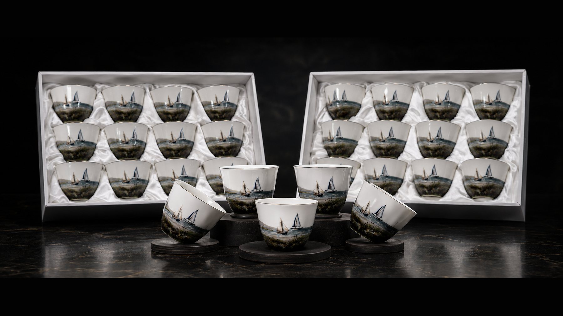 Boxed sets of printed porcelain qahwa cups presented as a corporate gift, printed direct at Sun Studio Dubai