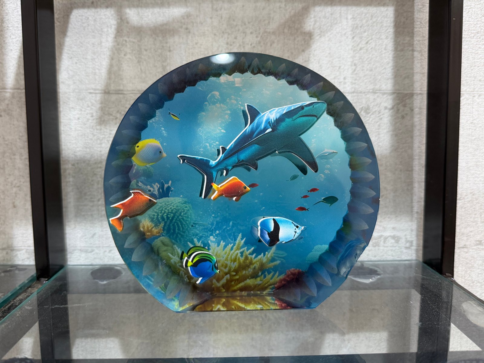 A round K9 crystal block with a petal-cut rim, printed in full colour with a shark, reef fish and coral, on a glass display shelf