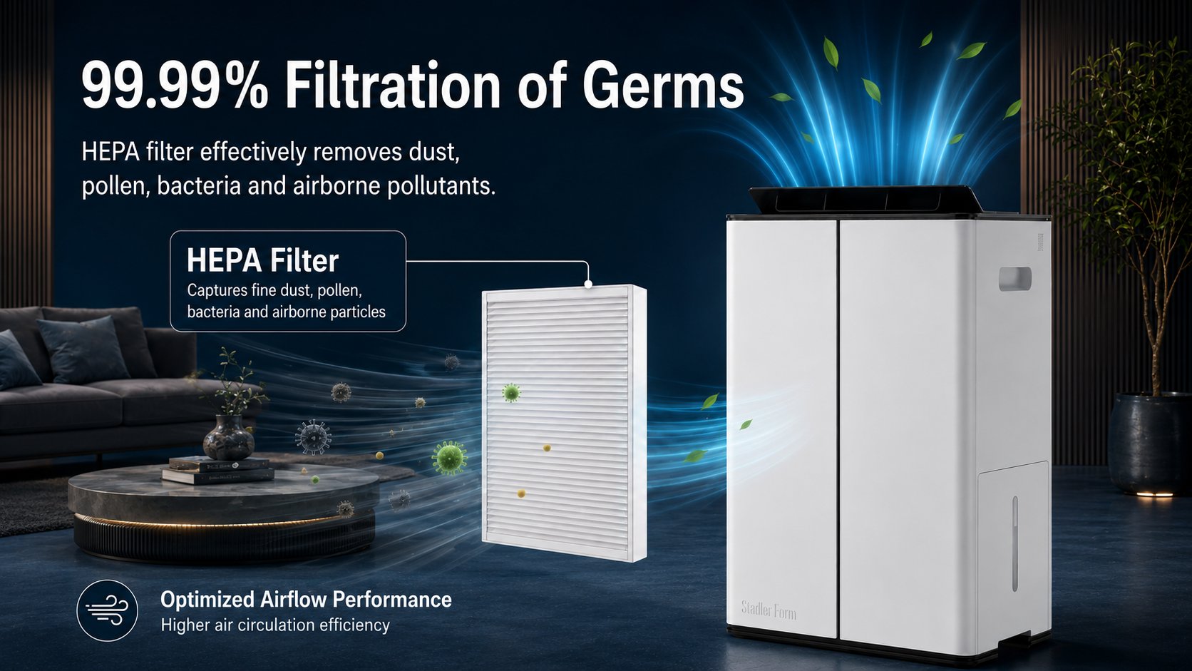 HEPA filtration in the Stadler Form Lukas Pro capturing dust, pollen, bacteria and airborne particles