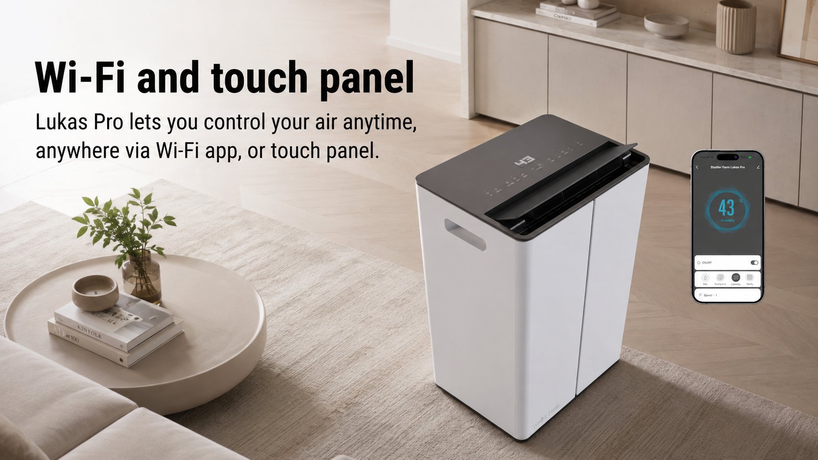 Wi-Fi control and air quality monitoring on the Stadler Form Lukas Pro dehumidifier, controlled from a phone in the UAE
