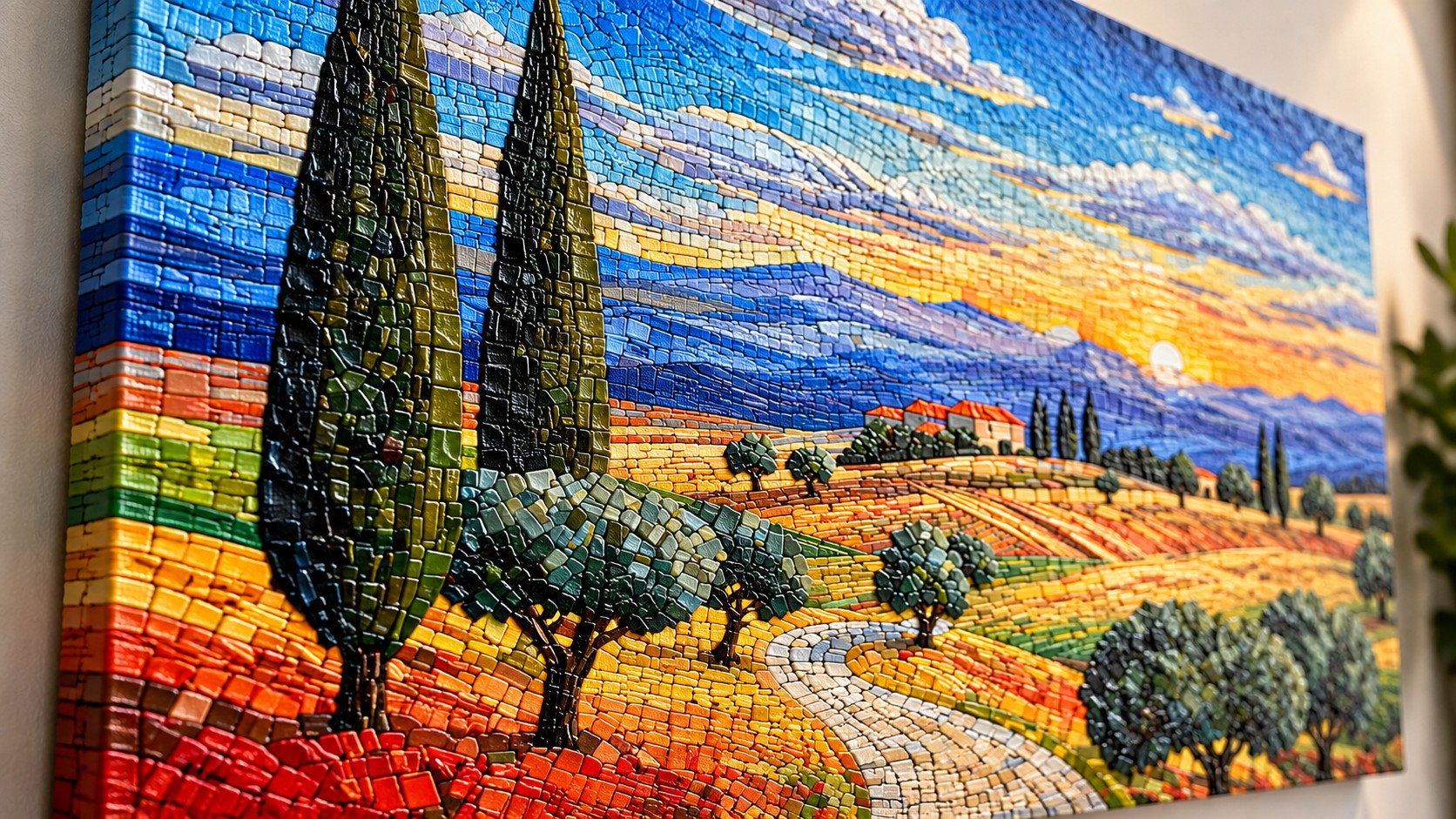 A UV-printed mosaic-effect landscape panel seen at an angle, the raised print texture catching the light across the sky and fields