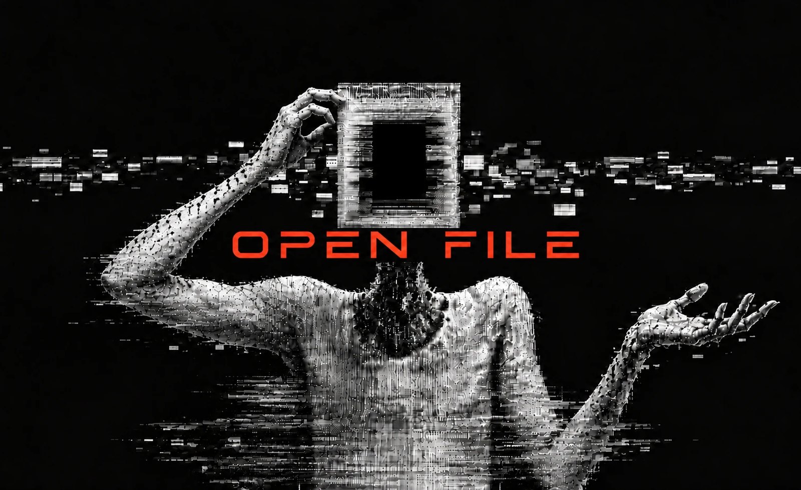 VKTR artwork of a pixelated figure holding up an empty file frame above the words OPEN FILE in red