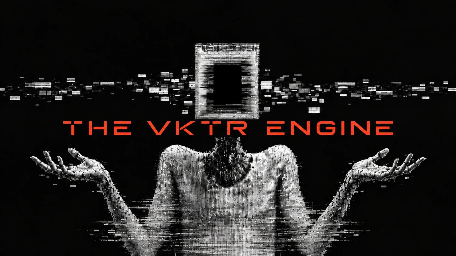 VKTR artwork of a pixelated figure with open hands under an empty frame and the words THE VKTR ENGINE in red