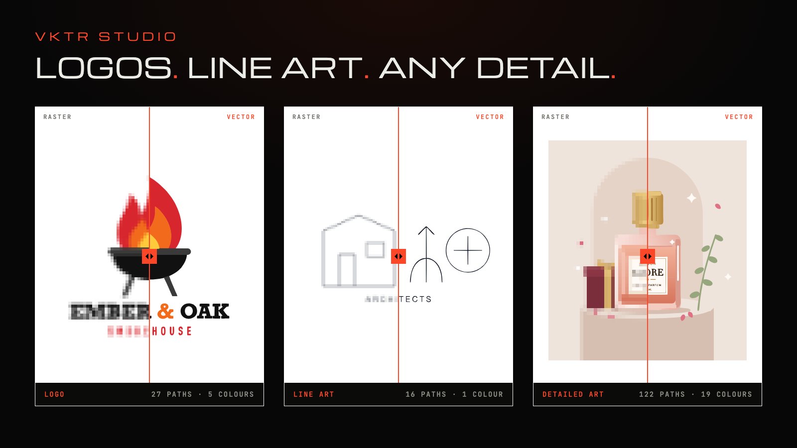 Three artworks traced by VKTR Studio, a logo, line art and a detailed perfume bottle illustration, each shown half as a pixelated raster image and half as a sharp vector